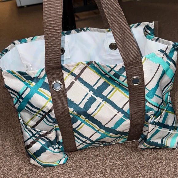 Thirty One Blue/Brown Plaid Canvas Utility Tote Bag with Brown Straps - Picture 5 of 10